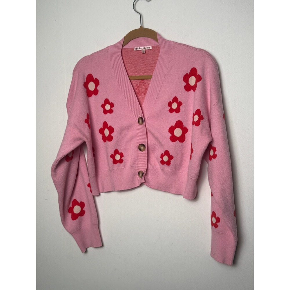 Pink Floral Cropped Cardigan Sweater Womens Large Daisy Button Front‎